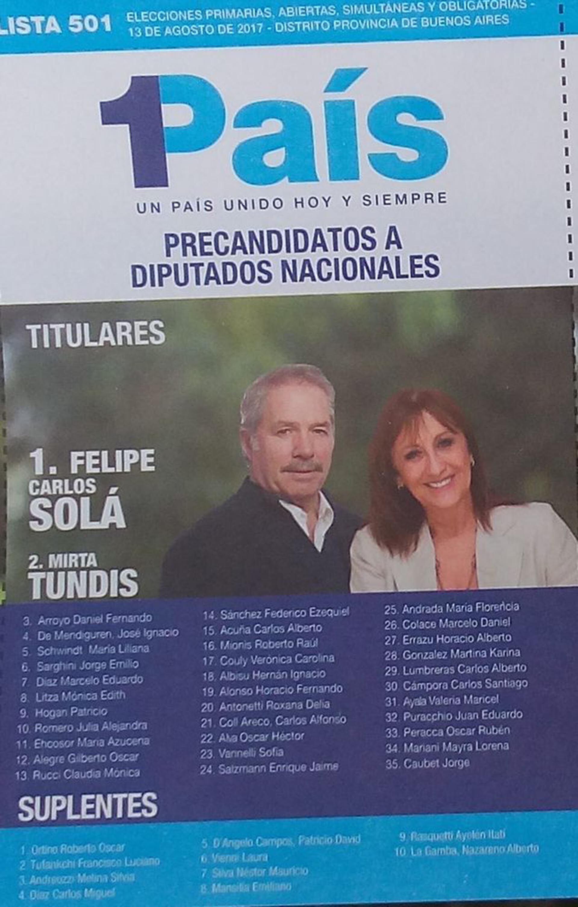 La boleta de diputados nacionales de 1País por la Provincia de Buenos Aires que compitió en 2017.