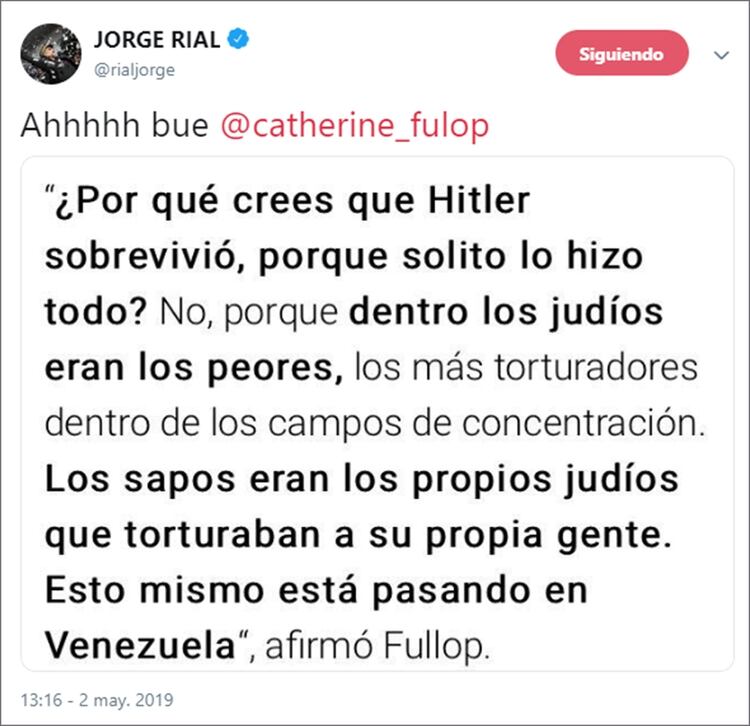 El mensaje de Jorge Rial en su cuenta de Twitter sobre los dichos de Catherine Fulop