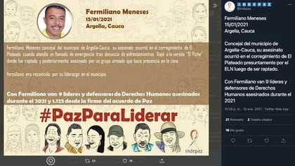 In fifteen days of 2021 Indepaz has reported 9 murders of social leaders nationwide / (Twitter: @Indepaz).