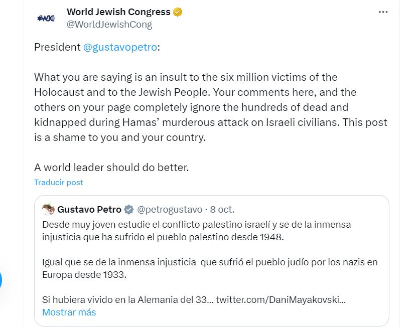La organización internacional afirmó que los señalamientos de Gustavo Petro eran una vergüenza para Colombia - crédito @WorldJewishCong/X