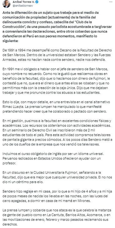 Respuesta de Aníbal Torres a la entrevista en la que reveló coordinaciones con Sendero Luminoso.