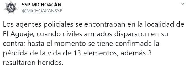 La Secretaría de Seguridad Pública de Michoacán informó sobre la emboscada donde murieron al menos 13 elementos de la Policía Estatal (Foto: Twitter/MICHOACANSSP)