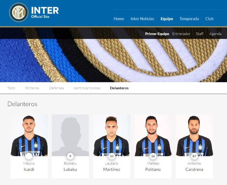 Mauro Icardi aparece en la página del Inter sin número, ya que la 9 ahora le pertenece a Romelu Lukaku