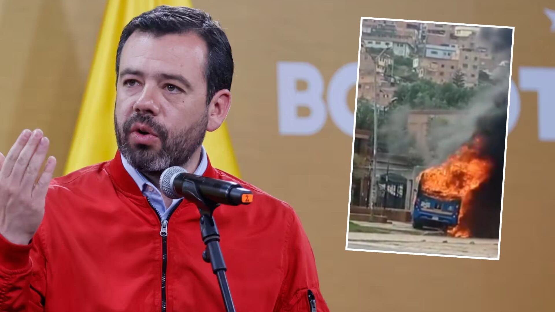 El alcalde de Bogotá, Carlos Fernando Galán, rechazó que quemarán un bus del Sitp en medio de las manifestaciones de la Universidad Distrital en Ciudad Bolívar - crédito Mauricio Dueñas Castañeda/EFE - @pablogo1998/X