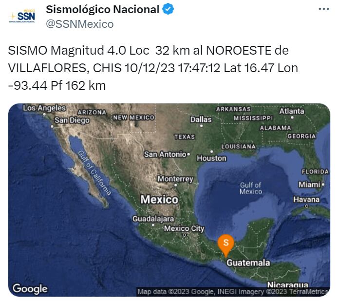 Sismo de magnitud 4.0 en Villaflores, Chiapas (X/@SSNMexico)