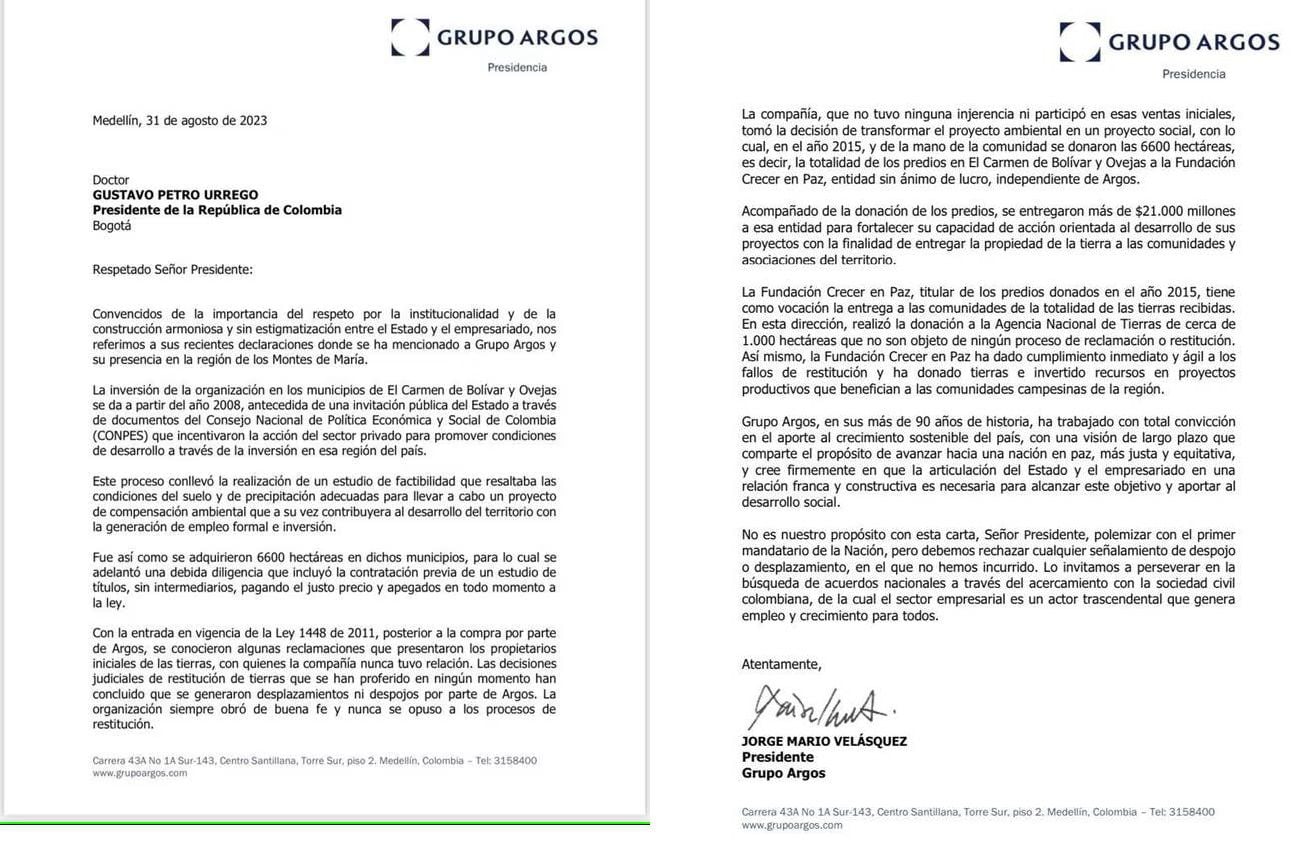 La carta que el Grupo Argos le envió al presidente Petro, tras sus señalamientos a la empresa de despojo de tierras en los Montes de María. -Crédito Grupo Argos