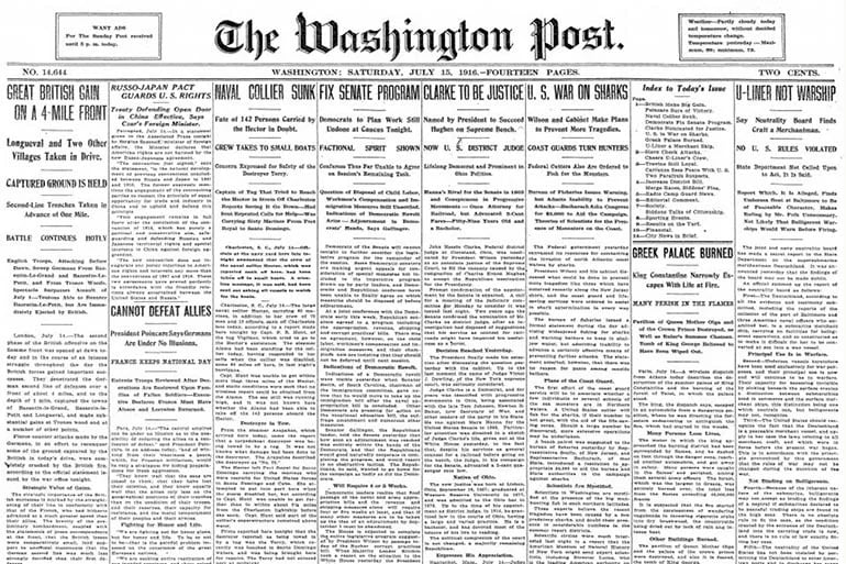En la portada de The Washington Post del 15 de julio de 1916 puede leerse en uno de sus titulares: “La guerra de Estados Unidos contra los tiburones”
