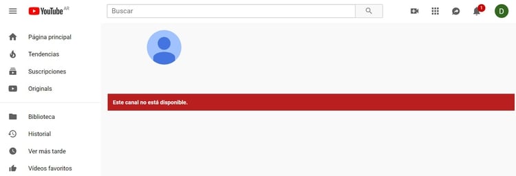 Al ingresar a los canales de YoTube hackeados se lee un mensaje que cie que no están disponibles.