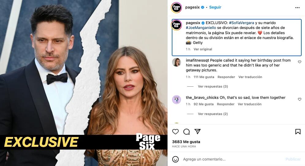 Sofía Vergara y Joe Manganiello confirmaron su separación según medios internacionales. @pagesix/Instagram