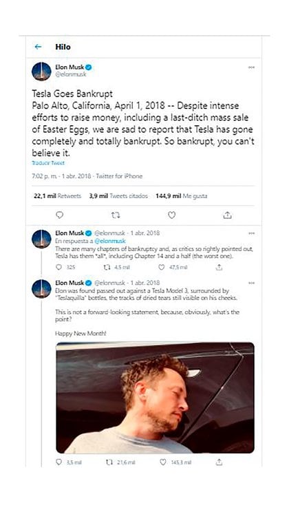 El hilo tuitero de Musk en el "Dia de los Tontos" de 2018. Lo de "Teslaquila" comenzó como una broma
