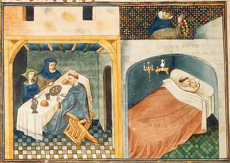 Ilustración de una sátira del Decamerón de Boccaccio: un monje libidinoso envía a rezar al marido y se acuesta con la mujer