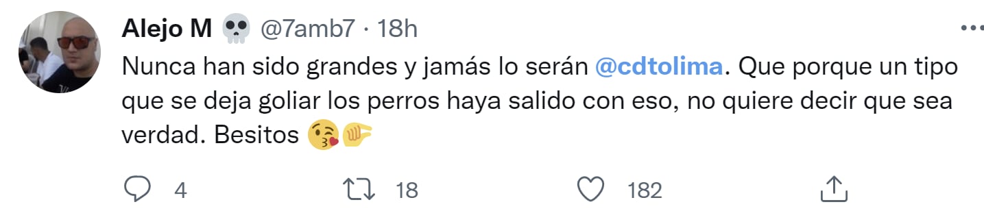 Hinchas de otros equipos colombianos critican al Deportes Tolima tras su humillante eliminación de Copa Libertadores. Imagen: original tomada de @7amb7.