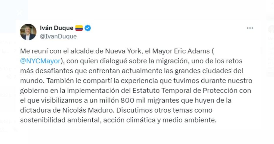 Iván Duque se reunió con el alcalde de Nueva York, Eric Adams, para abordar temas cruciales como la migración y la sostenibilidad ambiental - crédito @IvanDuque/X