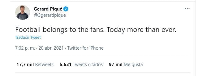 El tuit de Gerard Piqué sobre la Superliga europea