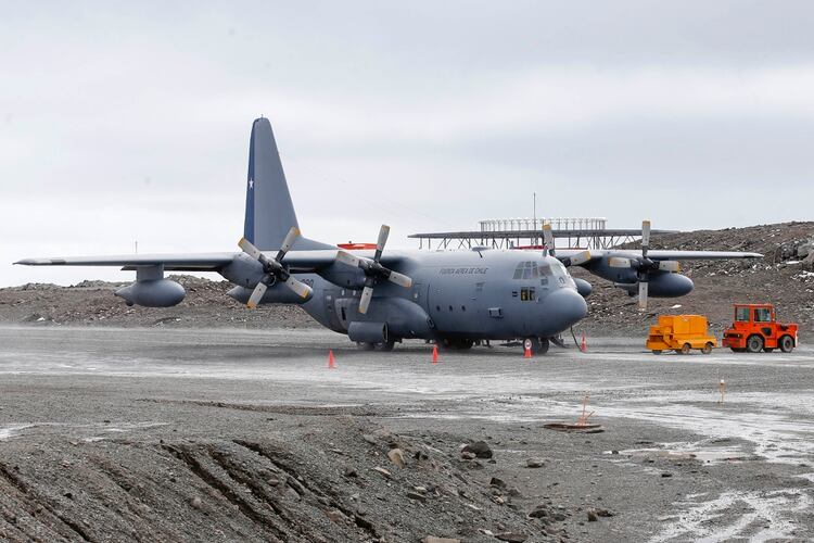 Un C-130 de la Fuerza Aérea de Chile en la Base Antartica Presidente Eduardo Frei, en enero de 2019 (Javier TORRES / AFP)