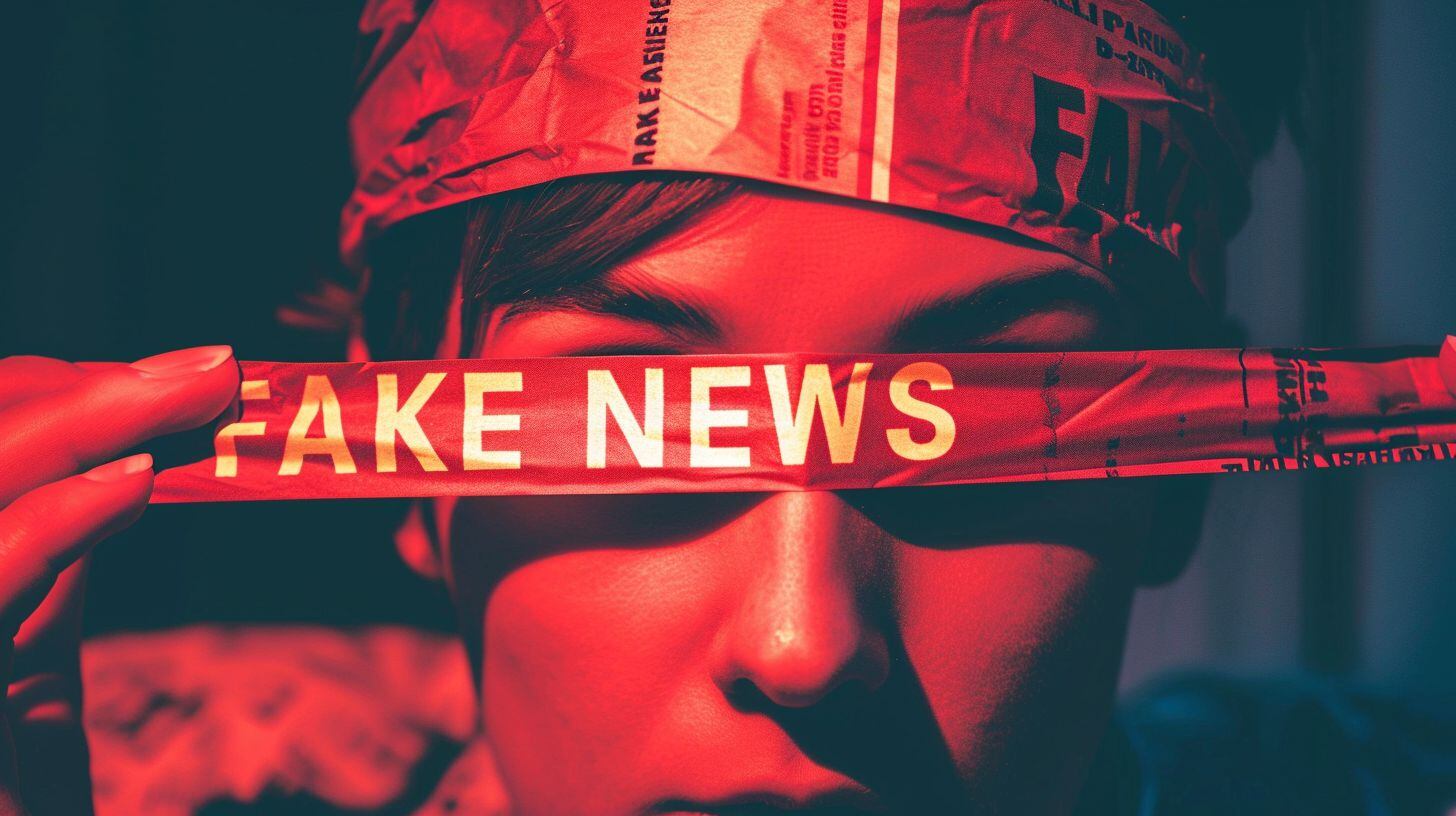 Una mujer adulta tapada por una venda roja que dice "fake news" (Imagen Ilustrativa Infobae)