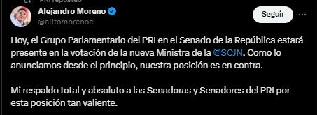 Moreno Cárdenas respaldó el trabajo del PRI en el Senado (X/@alitomorenoc)