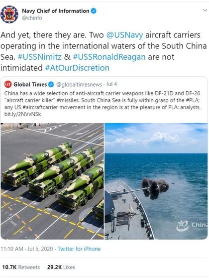 Tuit de la Jefatura de Información de la Marina de los Estados Unidos en respuesta a Global Times (Twitter)