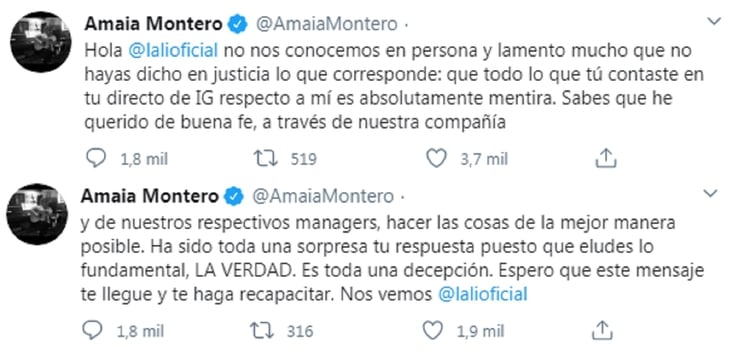 El mensaje de Amaia Montero en Twitter