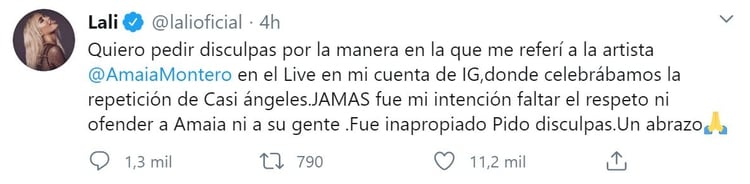 Las disculpas de Lali en Twitter