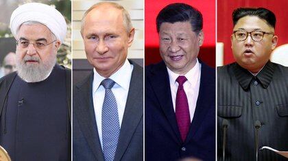 Hassan Rohani, presidente de Irán; Vladimir Putin, de Rusia; Xi Jinping, de China; y Kim Jong-un, dictador de Corea del Norte