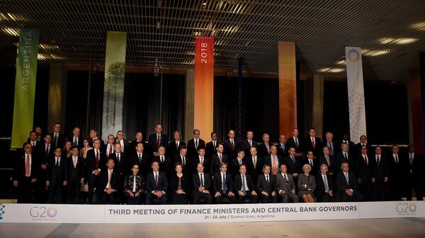 Los ministros de Finanzas y presidentes de Bancos Centrales del G20, en Buenos Aires, el 21 de julio de 2018 (Nicolás Stulberg)