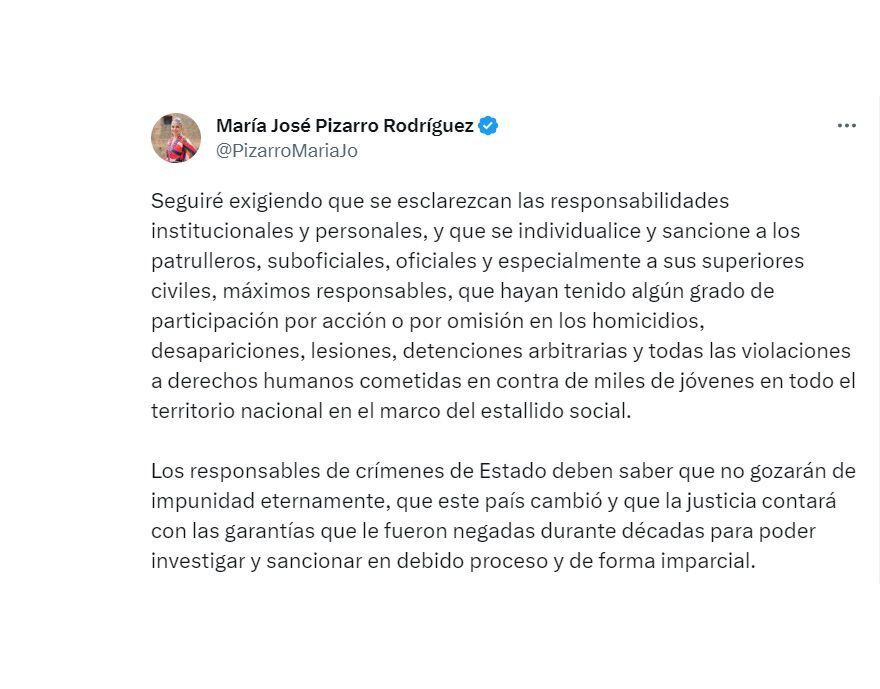 Trino de María José Pizarro sobre responsables de excesos de la Fuerza Pública contra los manifestantes del paro nacional. (Captura de pantalla)