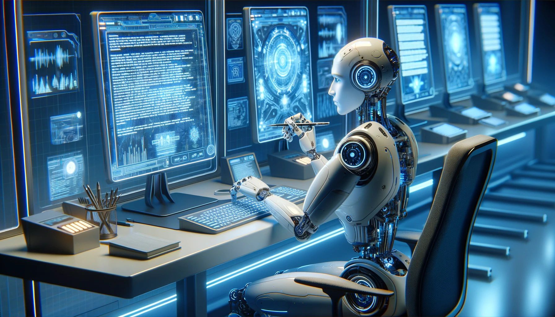 Robots AI, escriben artículos periodísticos, notas en ordenadores de una oficina -  (Imagen Ilustrativa Infobae)