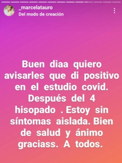 El posteo de Marcela Tauro comunicando que tiene coronavirus (Instagram)