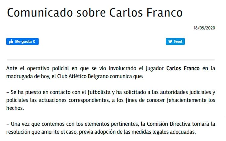 Comunicado de Belgrano sobre Carlos Franco