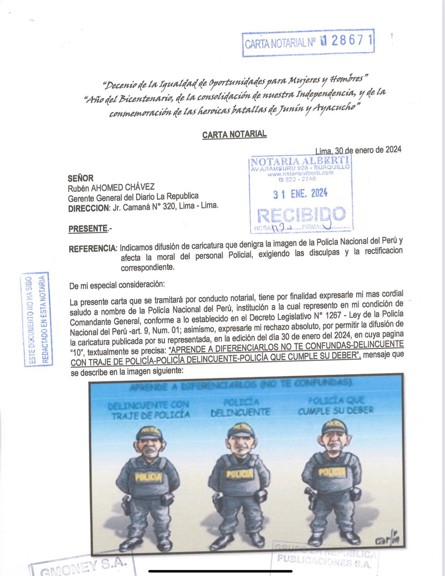 Carta notarial de la Policía al Grupo La República por la caricatura de 'Carlín'
