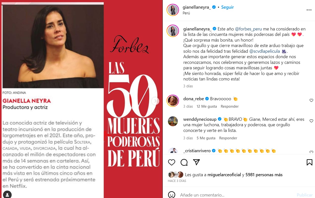 Gianella Neyra y su agradecimiento tras ser seleccionada en la lista de Forbes Perú. Instagram