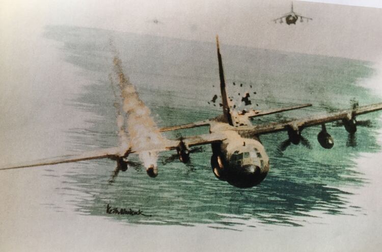 Un dibujo con el derribo del Hércules TC63, perseguido por dos Sea Harrier ingleses
