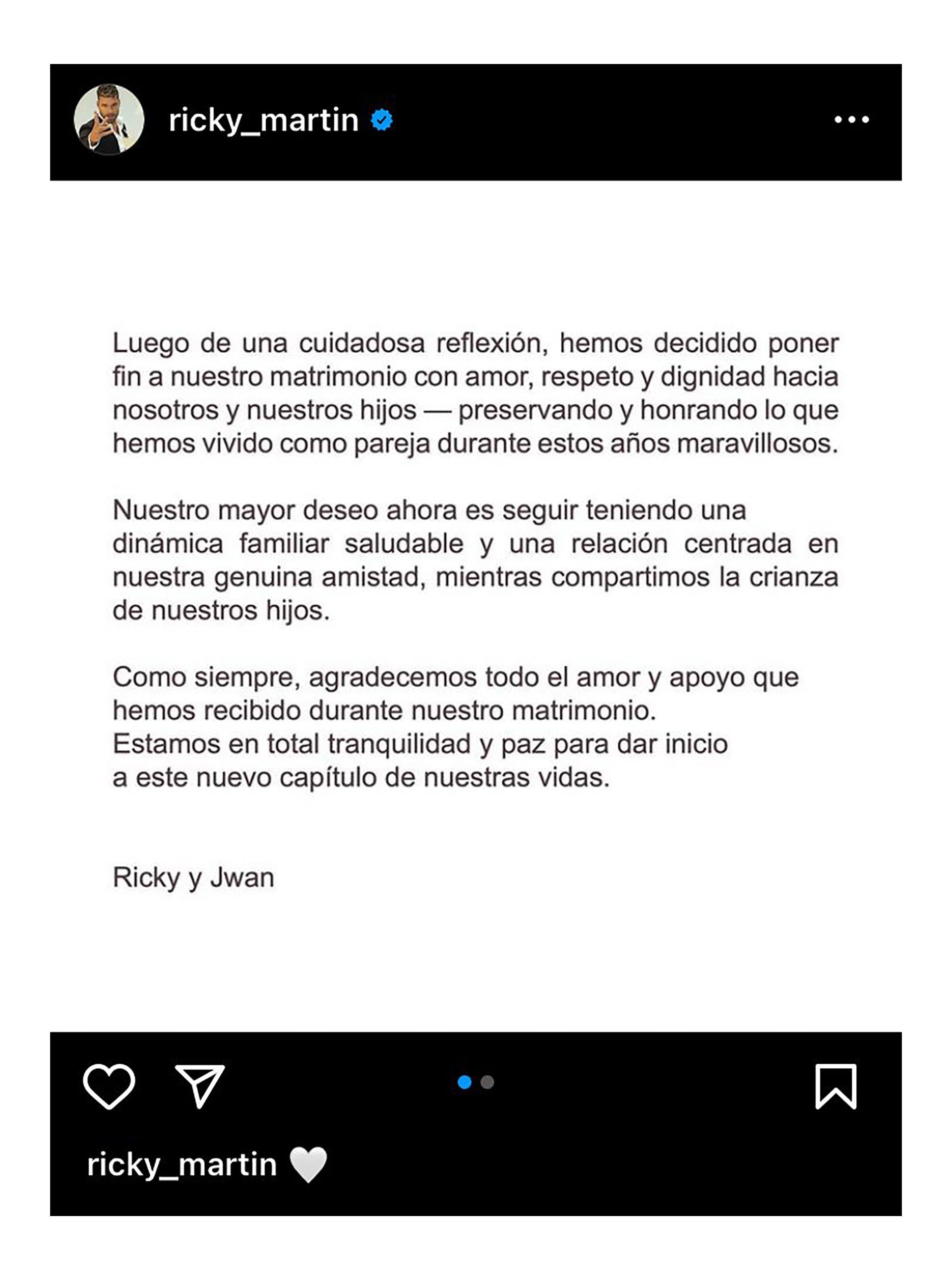 Ricky Martin confirmó su separación en Instagram a principios de julio 