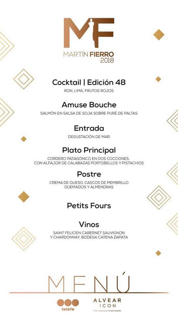 El menú de los premios Martín Fierro 2018