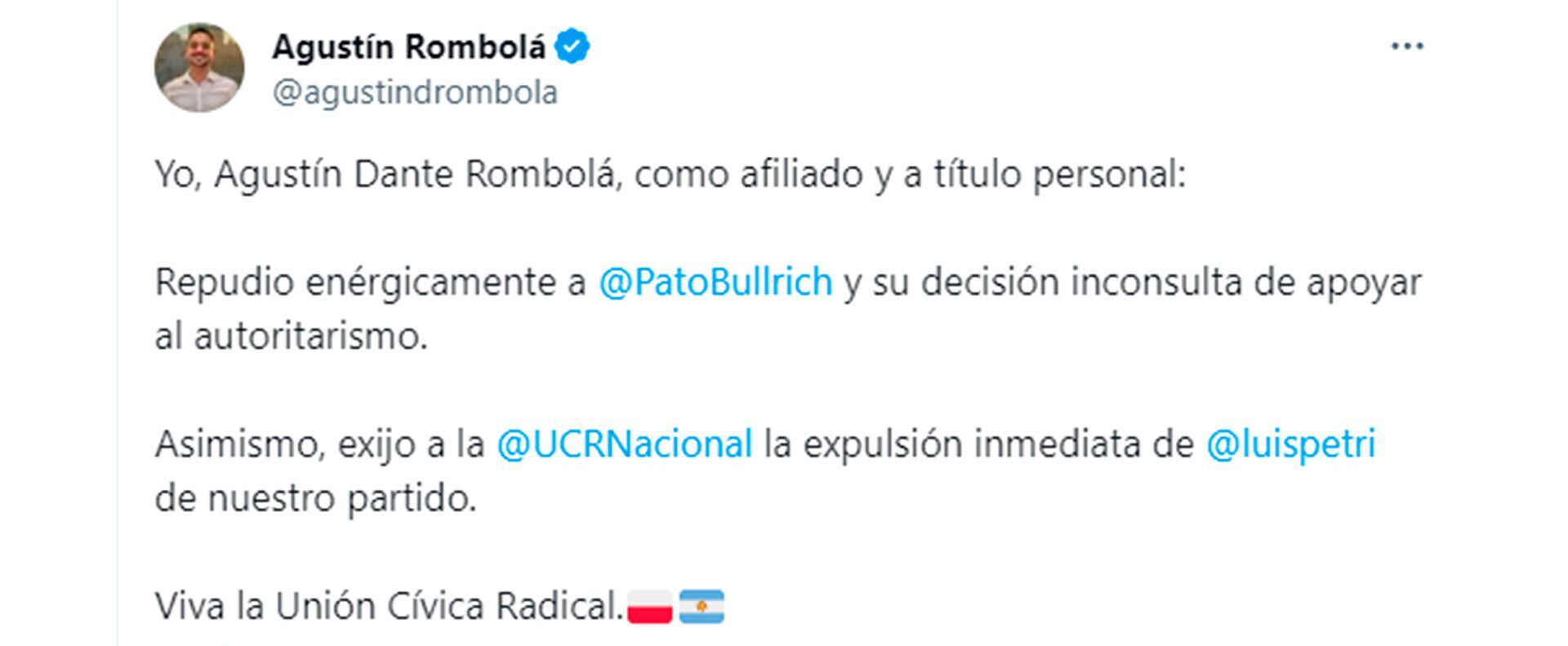 El comentario del dirigente radical, Agustín Rombolá, en las redes sociales 