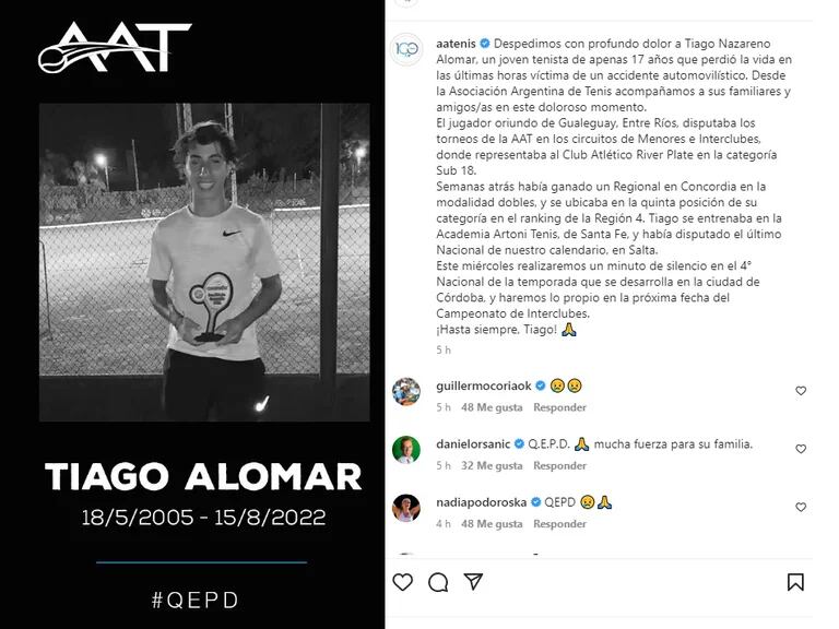 El comunicado de la AAT por la muerte de Tiago Alomar 