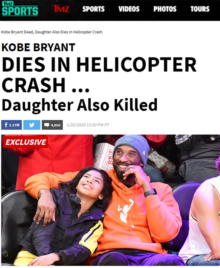 El sitio TMZ reportó que la hija mayor de Bryant también está entre las víctimas