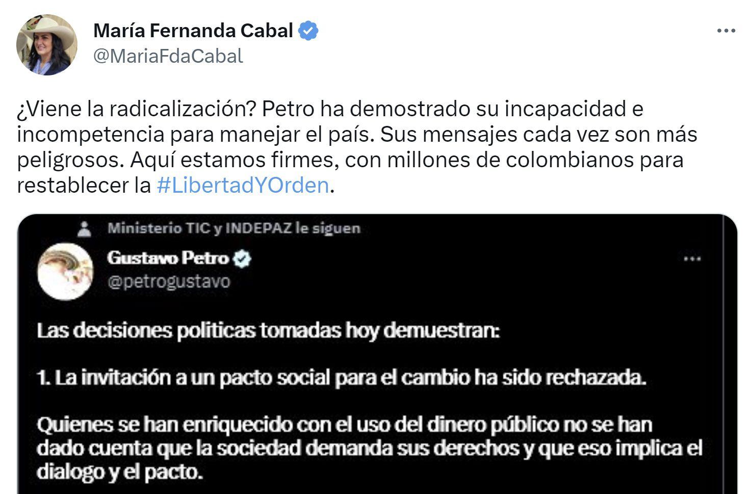 María Fernanda Cabal sobre el remezón en el gabinete presidencial