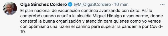 Olga Sánchez Cordero destacó la organización del Plan Nacional de Vacunación contra COVID-19 (Foto: captura de pantalla / Twitter@M_OlgaSCordero)