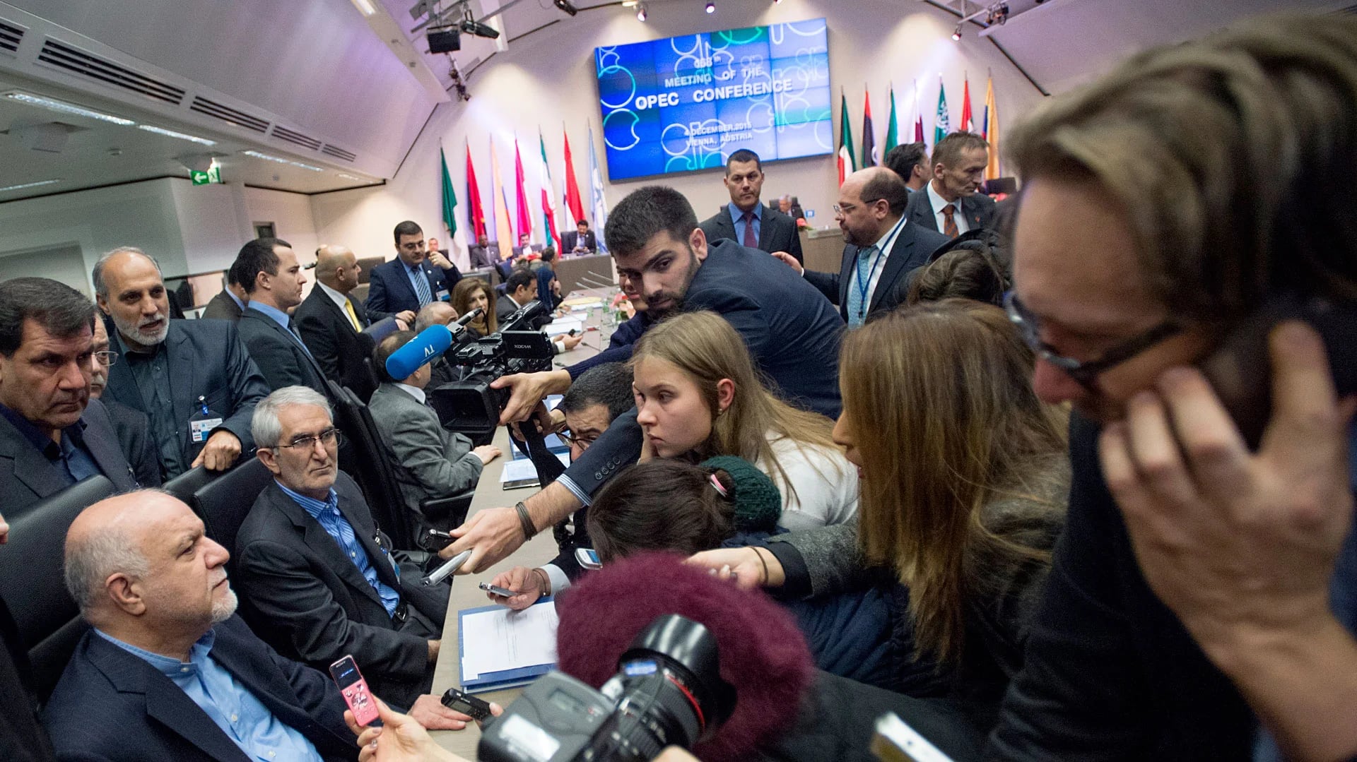 Las delegaciones de los países productores en la sede de la OPEP en Viena (AFP)