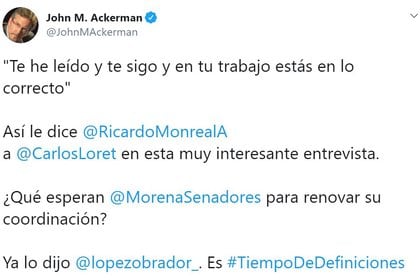 El investigador de la UNAM manifestó su descontento con Ricardo Monreal en Twitter  (Foto: Twitter / @JohnMAckerman)