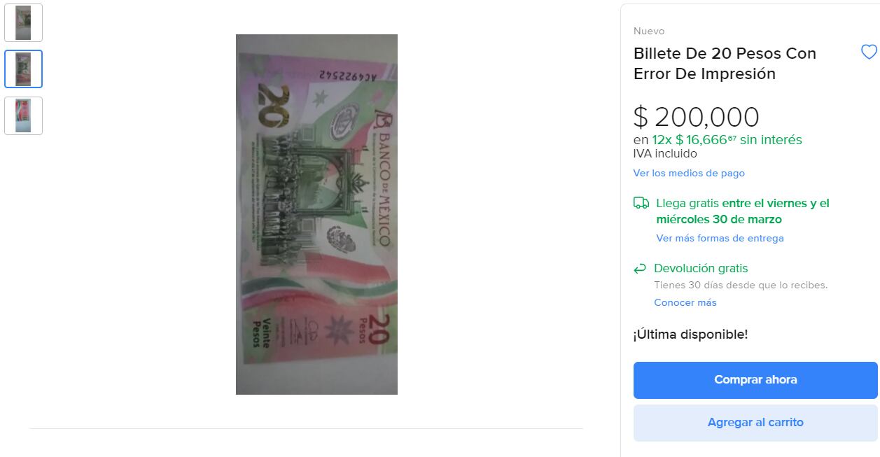 Bilhete 20 pesos. Erro. Mercado livre