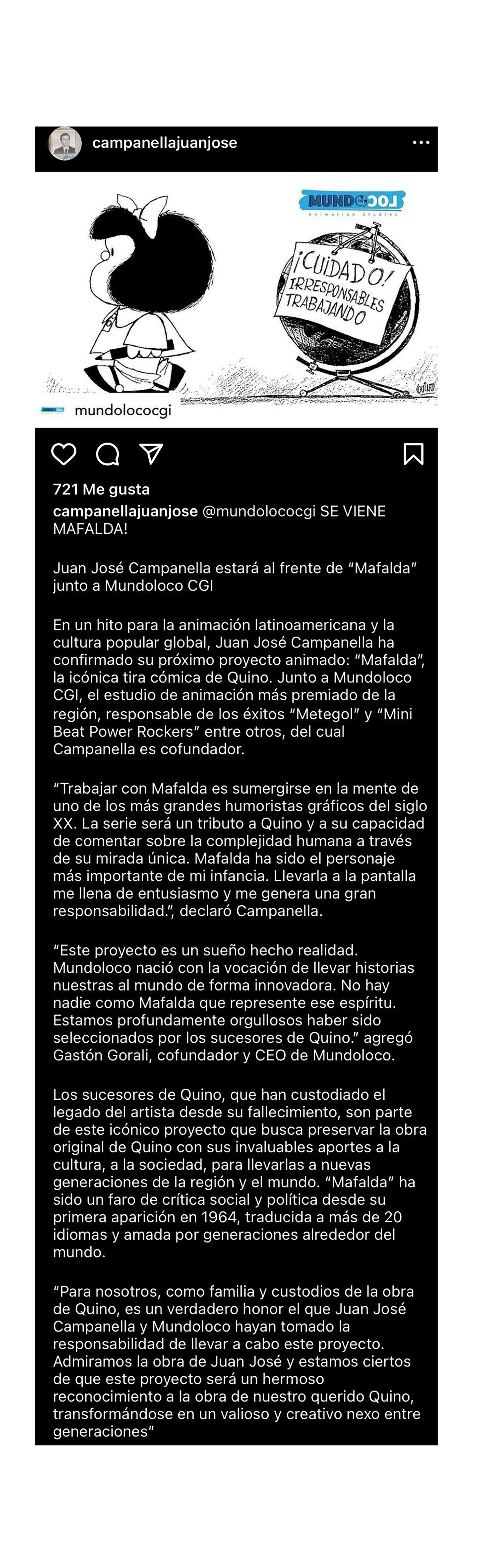 El anuncio de Juan José Campanella junto a su productora Mundo Loco CGI (Instagram)