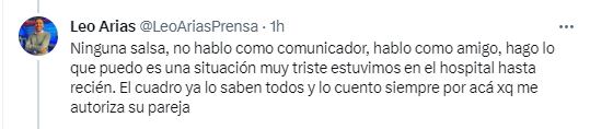 El mensaje de Leo Arias sobre el cuadro grave de salud de Guillermo Barrios (Twitter)