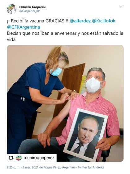 Un intendente se vacunó con una foto de Putin: “Decían que nos iban a envenenar y nos están salvando la vida”