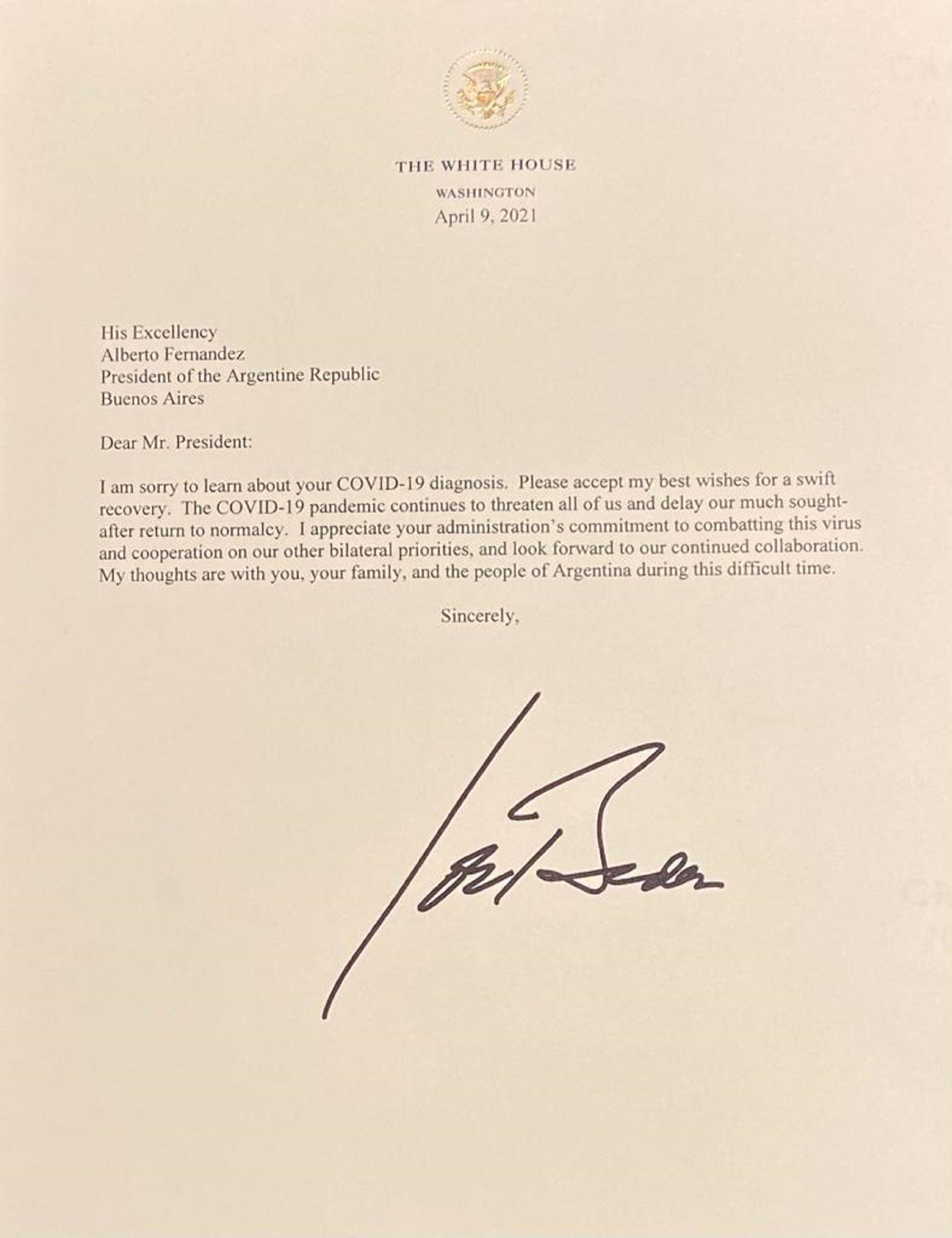 Carta de Joe Biden a Alberto Fernández