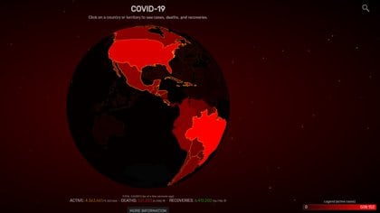 Mapa COVID-19 al 4 de julio del 2020. Casos activos confirmados: 4.3 millones de un total de 11.3 millones. Muertes: 531 mil. Recuperados: 6.4 millones (covidvisualizer.com)
