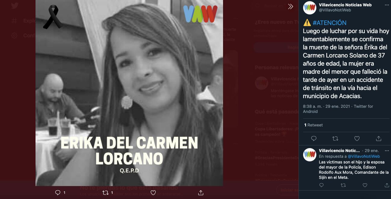 Falleció Érika del Carmen Lorcano Solano, esposa del comandante de la Sijín en Meta, Edison Rodolfo Aux Mora / (Twitter: @VillavoNotiWeb).