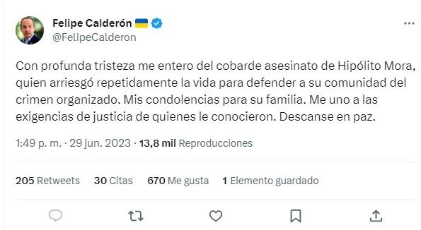 Calderón lamentó el asesinato de Hipólito Mora. | Captura de pantalla